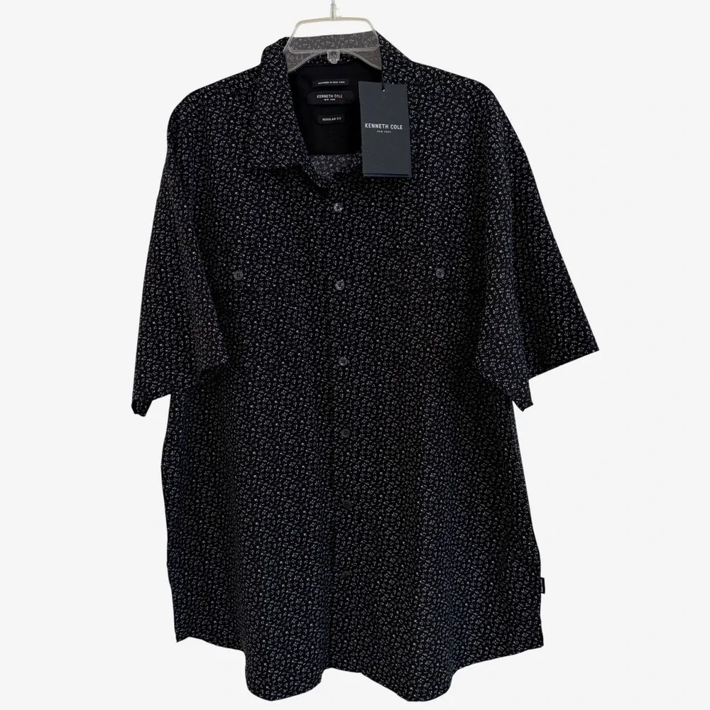 Kenneth Cole New York Mens 2X Tech Stretch Short Sleeve Floral Shirt Black NEW